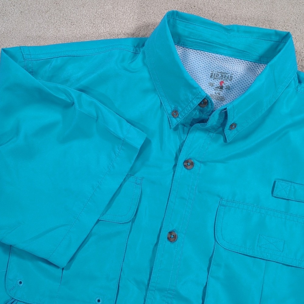 Red Head Shirt Mens Sz Large Blue Short Sleeve Vented Fishing Camping Hiking